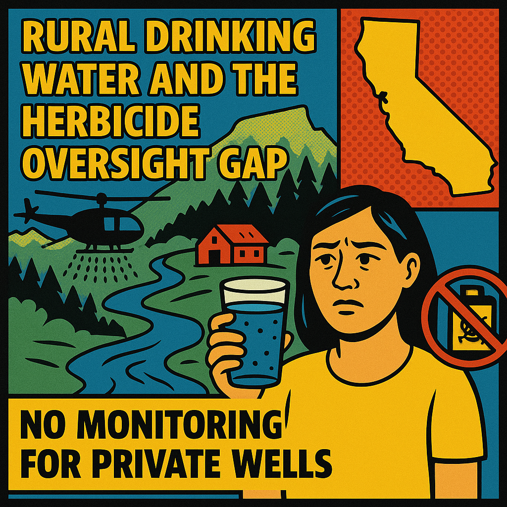 Protect Lassen 15 pop art illustration showing a helicopter spraying herbicide over a rural mountain home, a concerned woman holding a glass of water, and warning symbols about unmonitored private wells in california