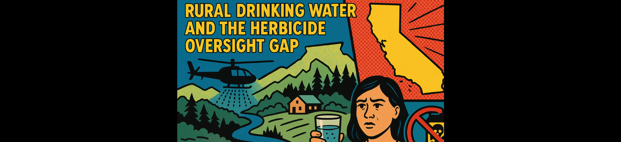 pop art illustration showing a helicopter spraying herbicide over a rural mountain home, a concerned woman holding a glass of water, and warning symbols about unmonitored private wells in california