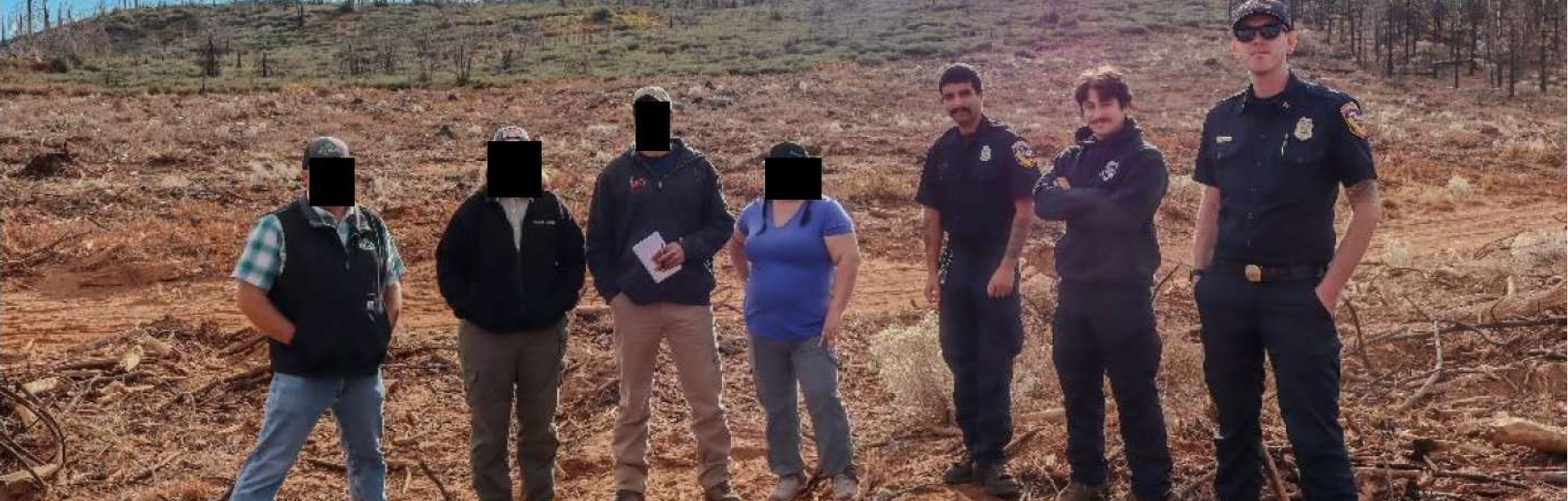 cal fire staff topher byrd michael clark rentas and henry cohen w m beaty project manager ryan hilburn us forest service staff daniel cluck and heidi van gieson and california forestry association representative cara mendoza ward standing on a steep slope treated with herbicides during a video shoot above susanville california