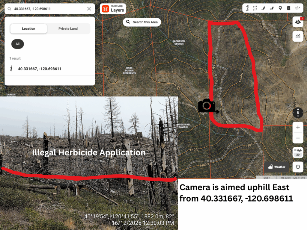 Illegal 70 + Acre Herbicide Application Photos and Evidence for the Lahontan Water Board 5 40.331667 120.698611 3