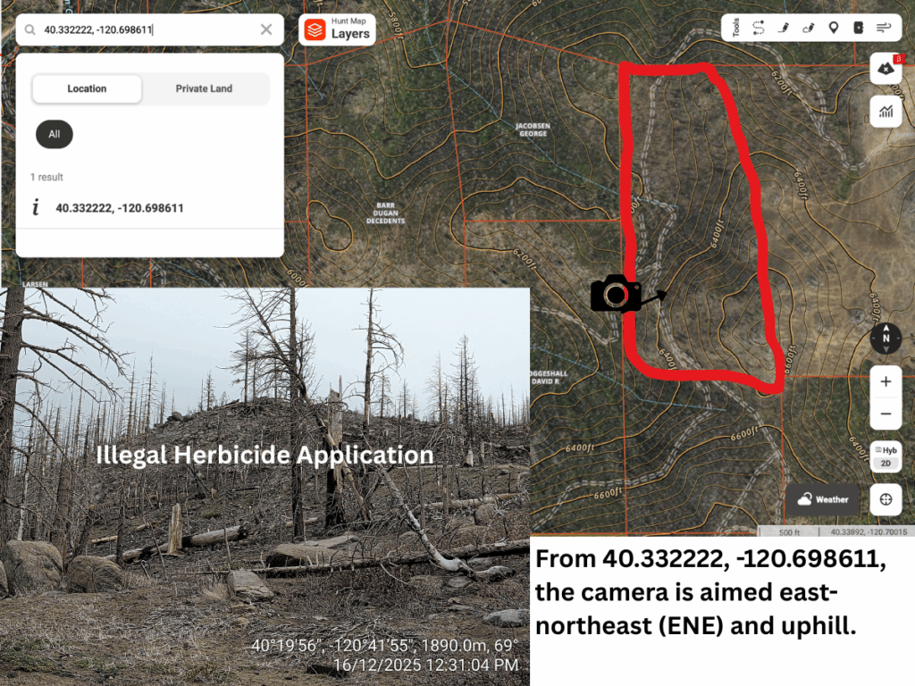 Illegal 70 + Acre Herbicide Application Photos and Evidence for the Lahontan Water Board 6 40.332222 120.698611 1 2