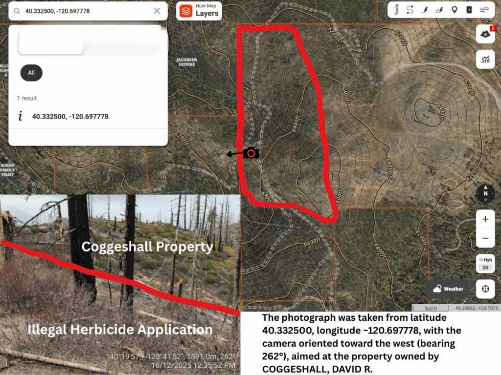 Illegal 70 + Acre Herbicide Application Photos and Evidence for the Lahontan Water Board 7 40.332500 120.697778 2nd shot 2