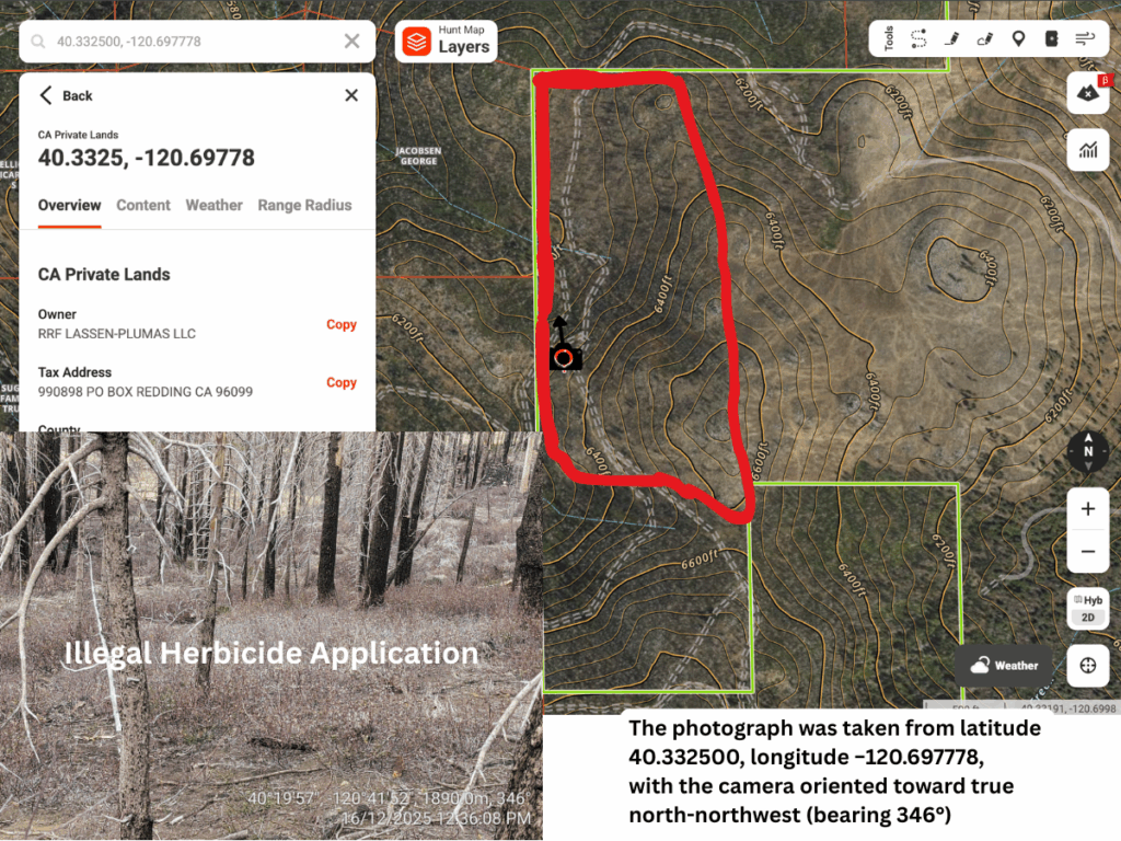 Illegal 70 + Acre Herbicide Application Photos and Evidence for the Lahontan Water Board 9 40.332500 120.697778 Third Shot 4